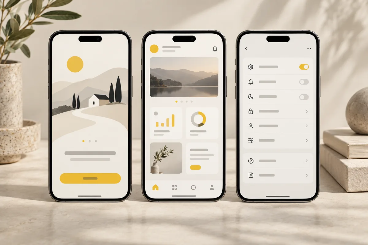 A phone with a blank screen next to a sketchbook of hand-drawn app wireframes and a yellow pencil