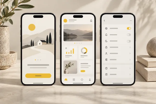 A phone with a blank screen next to a sketchbook of hand-drawn app wireframes and a yellow pencil