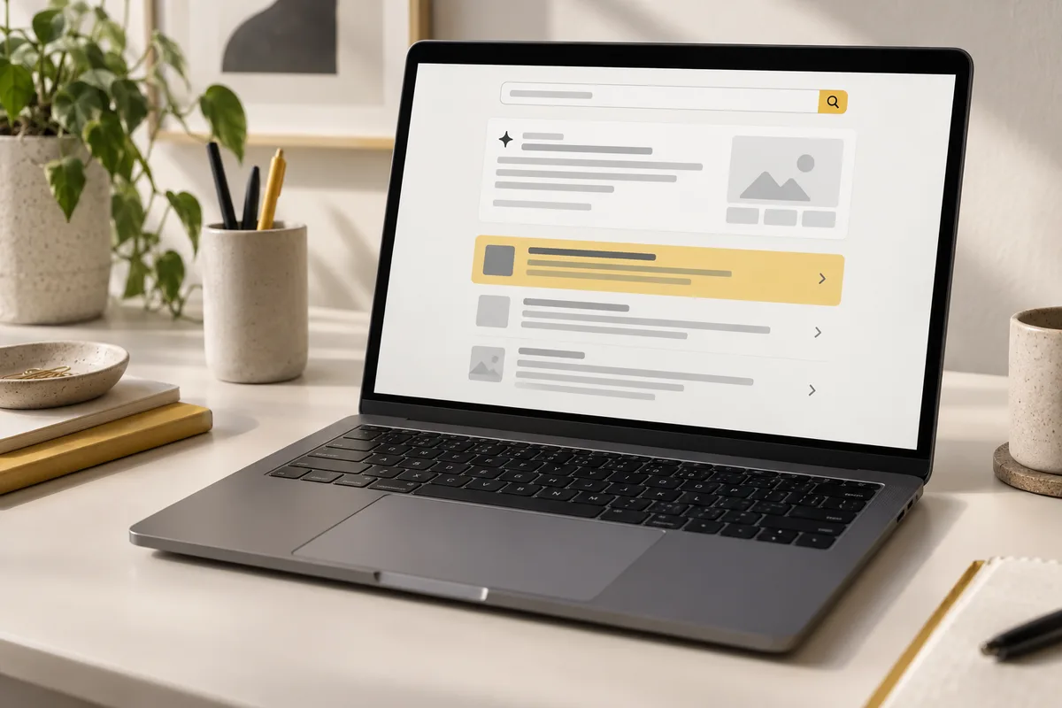 A magnifying glass over a printed list of search results with one result highlighted in yellow