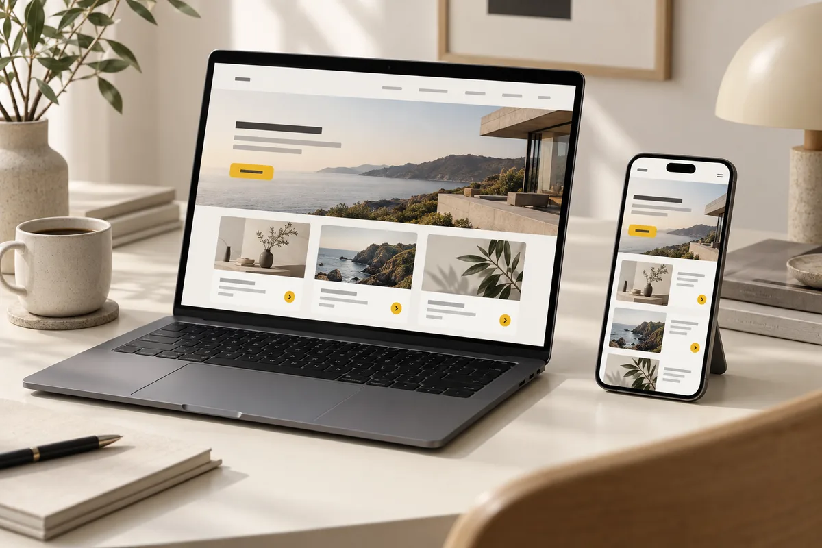 Printed website wireframe sheets on a cream desk with a yellow sticky note and a black pen